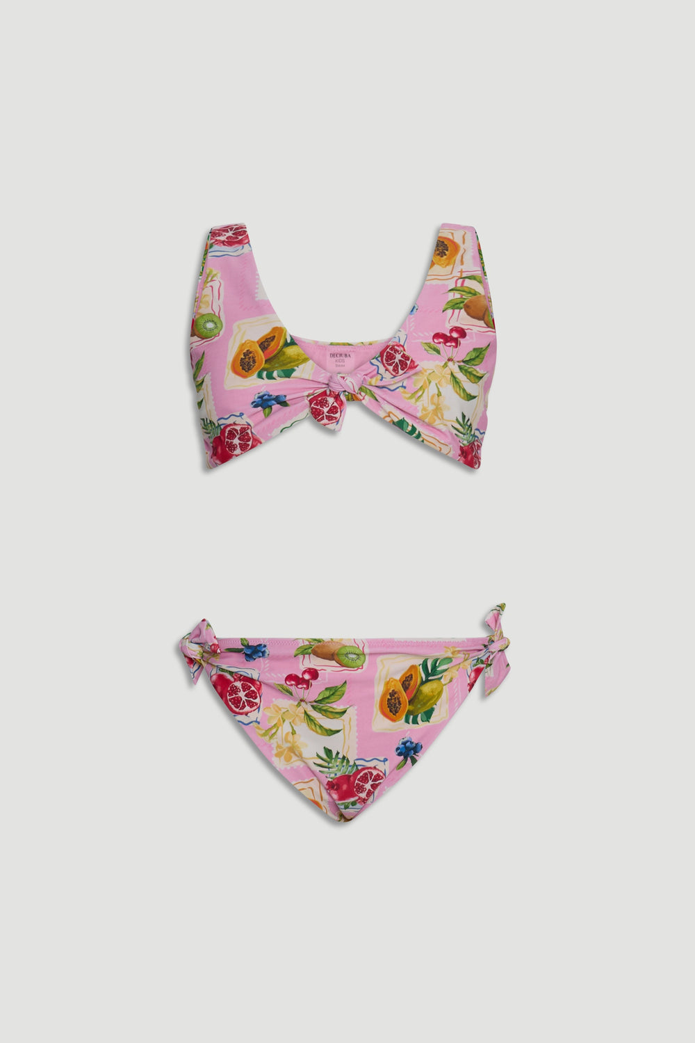 Pink girls bikini set with tropical fruit print, featuring a front knot top and side tie bottoms.