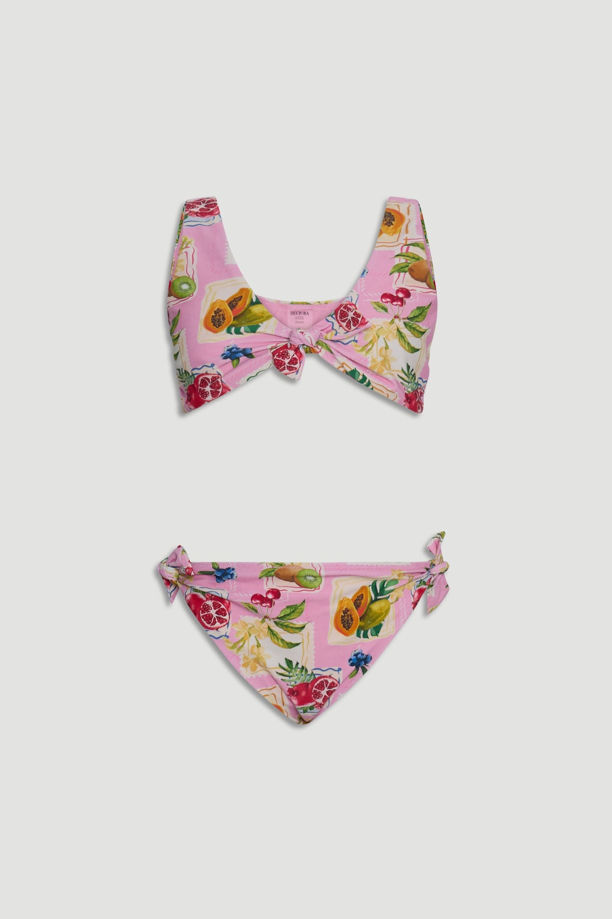 Pink girls bikini set with tropical fruit print, featuring a front knot top and side tie bottoms.