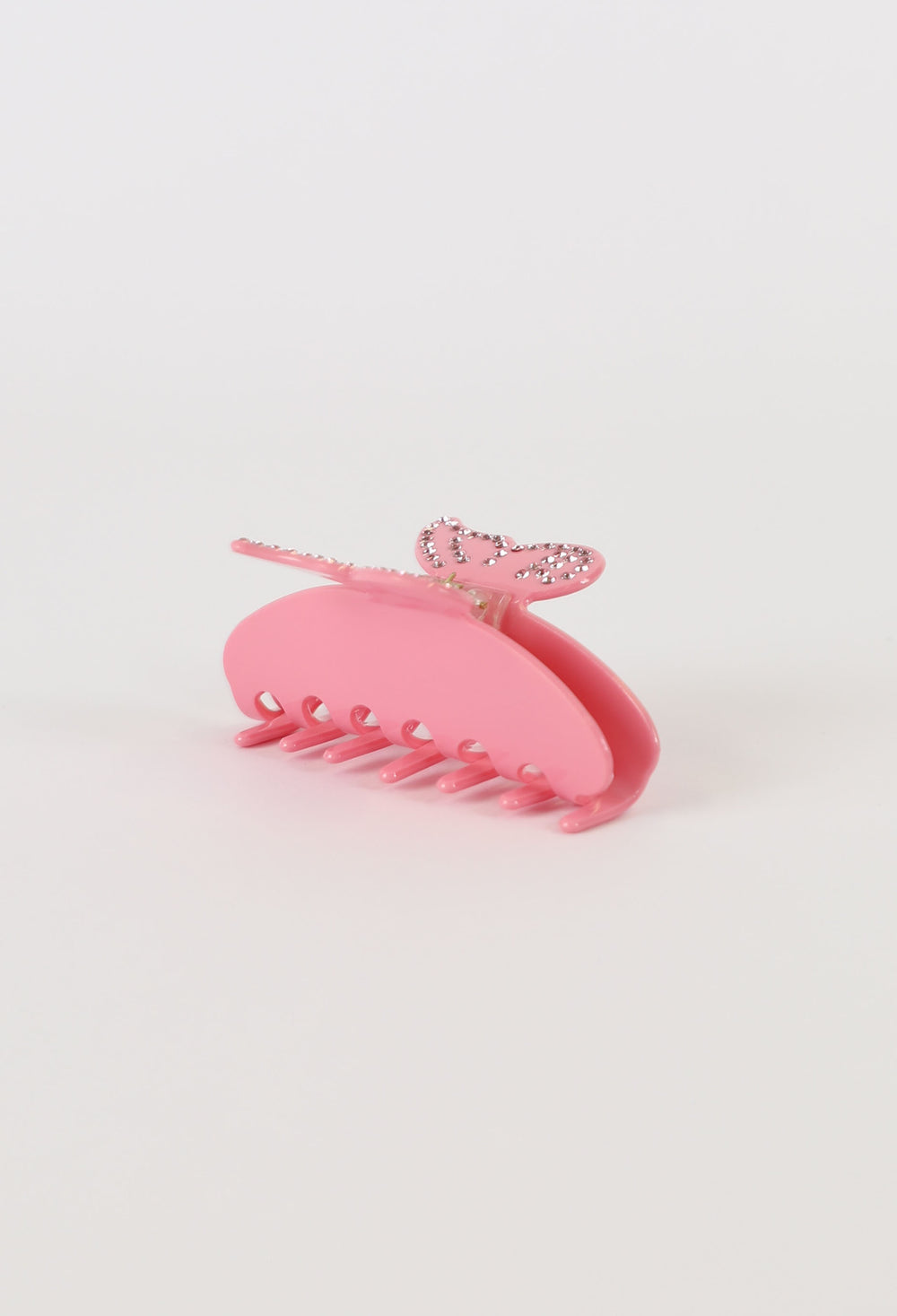 Pink butterfly hair claw clip with diamante outline and spring closure