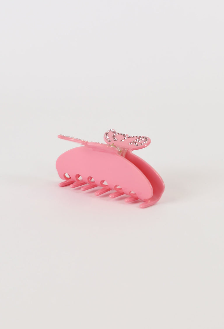 Pink butterfly hair claw clip with diamante outline and spring closure