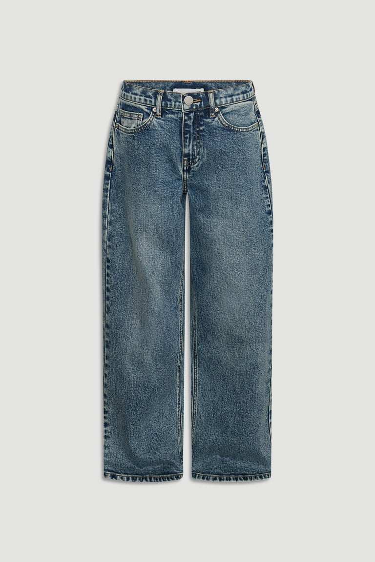 Girls Gigi Baggy Fit Jean in classic blue washed denim with a relaxed wide-leg cut by DECJUBA Australian fashion brand