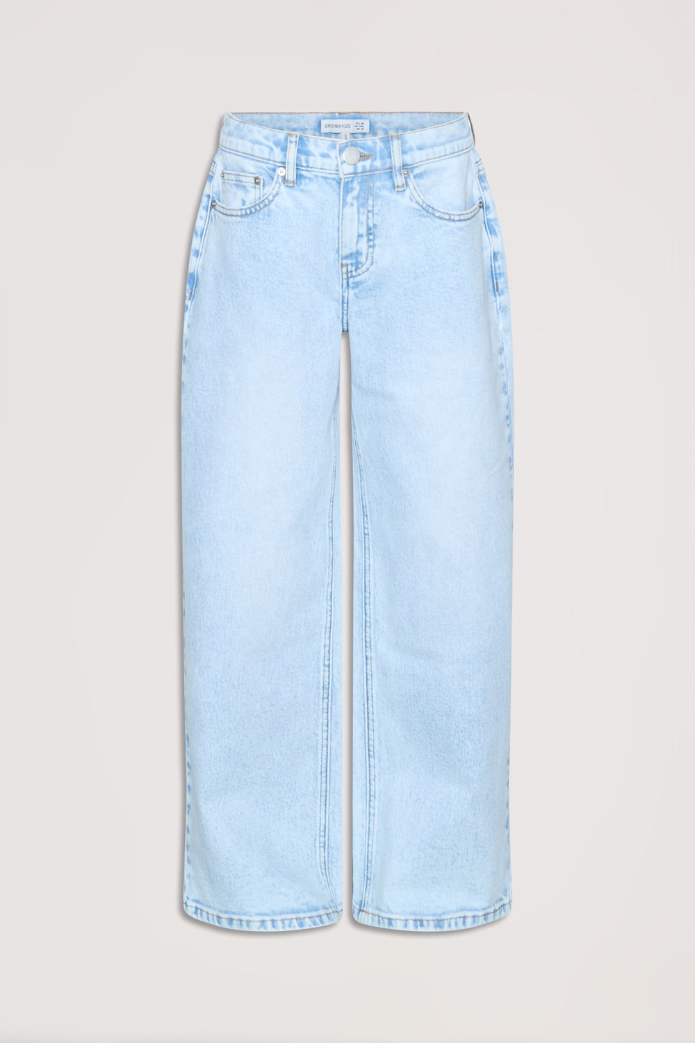 Light blue denim baggy fit jeans for girls with a relaxed silhouette and classic five-pocket detailing.