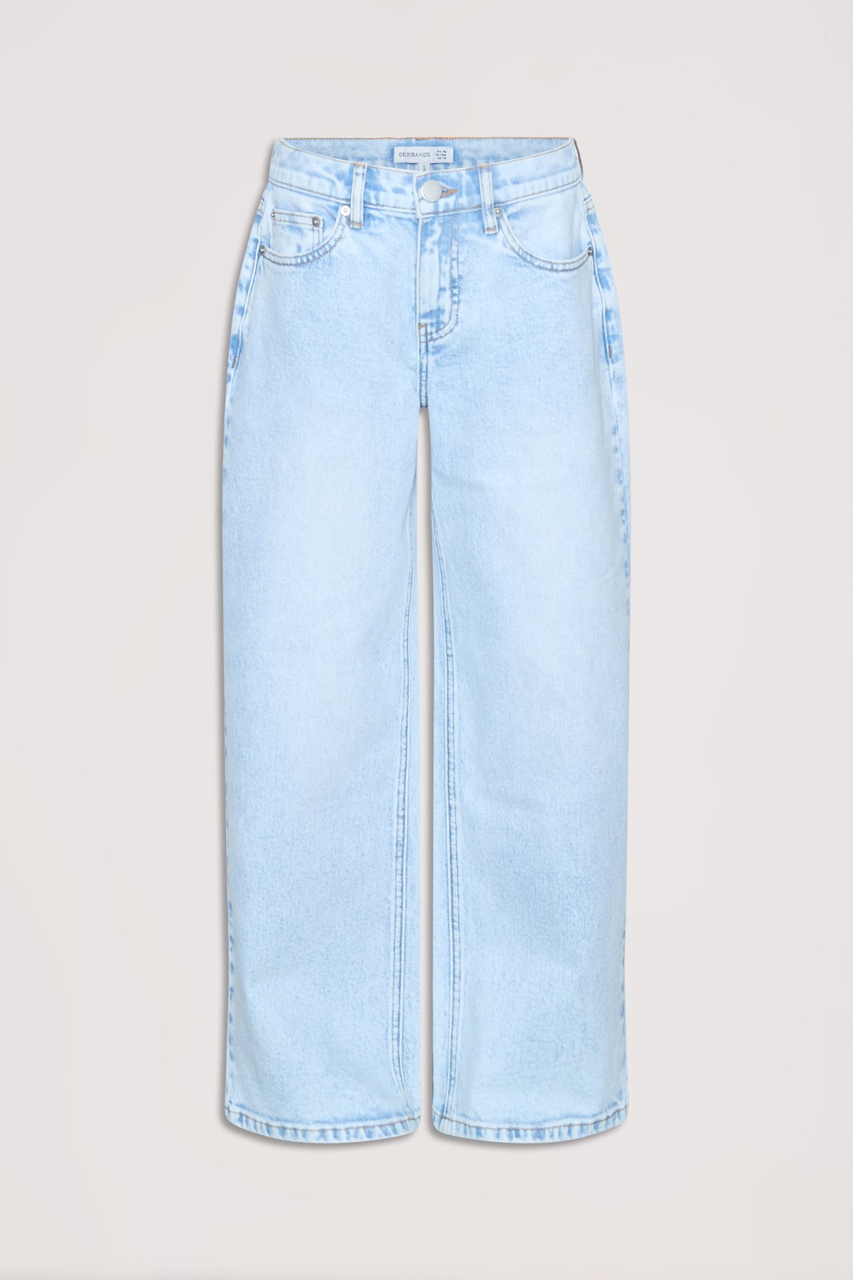 Light blue denim baggy fit jeans for girls with a relaxed silhouette and classic five-pocket detailing.
