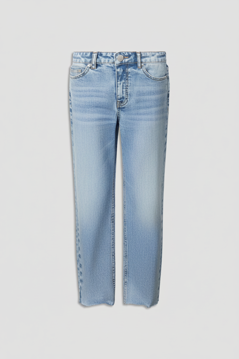 Light wash straight leg girls jeans with classic five-pocket styling for everyday casual wear and easy versatility.