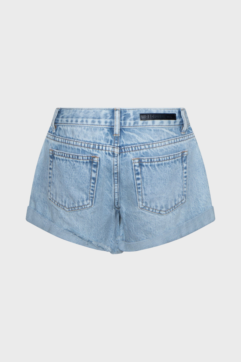 Back view of light blue rolled hem denim shorts for girls with classic pocket details and belt loops