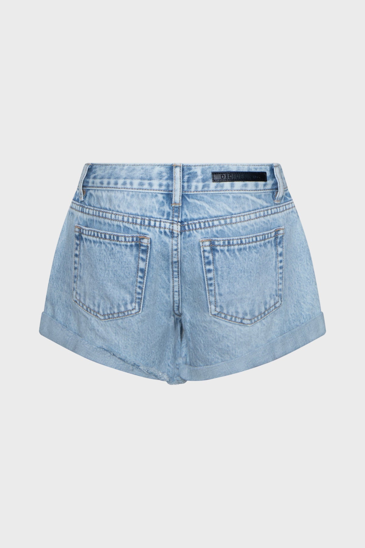 Back view of light blue rolled hem denim shorts for girls with classic pocket details and belt loops