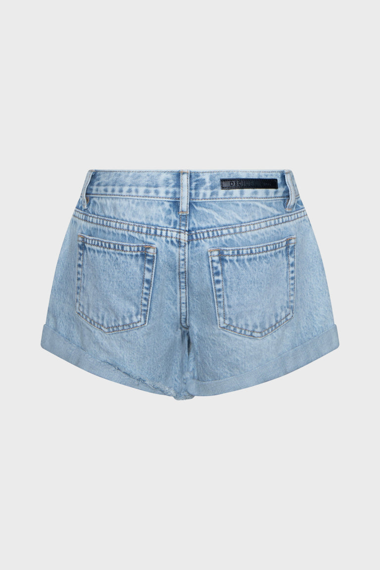 Back view of light blue rolled hem denim shorts for girls with classic pocket details and belt loops