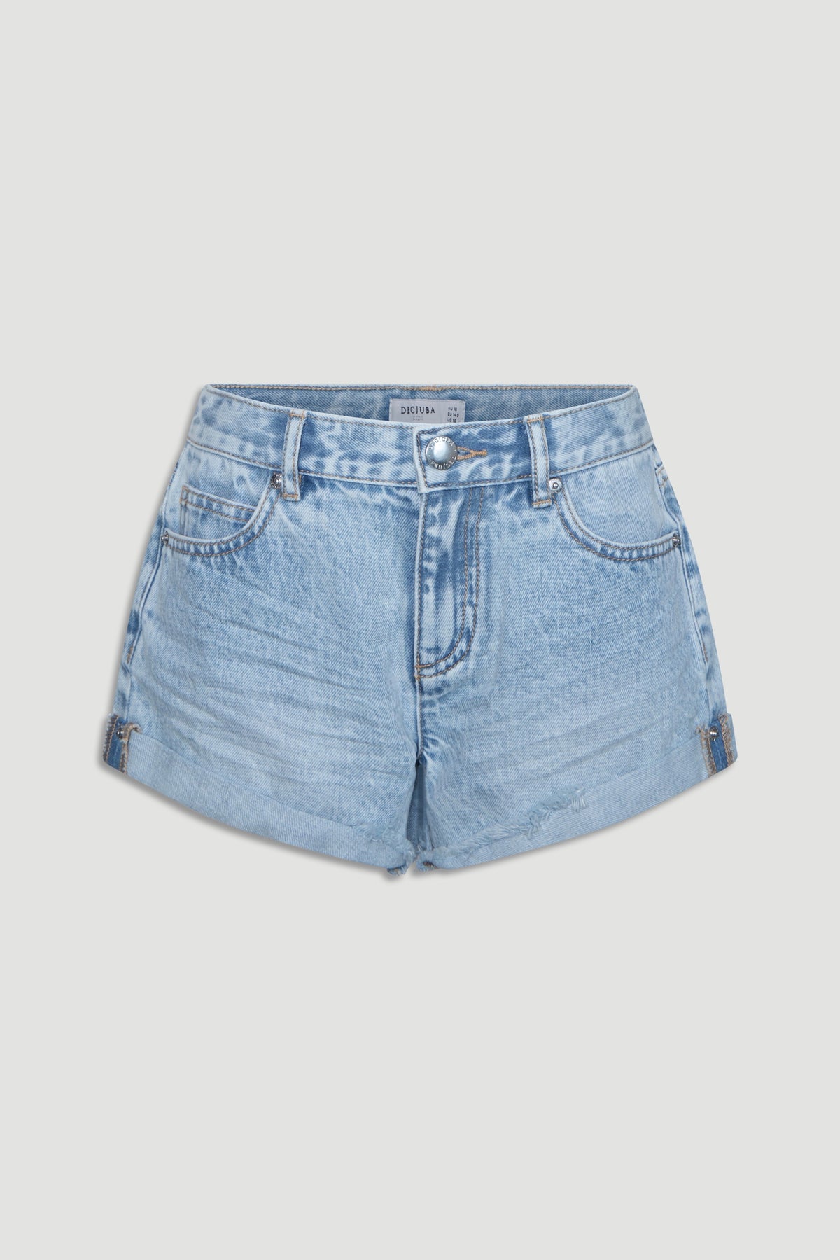Light blue girls denim shorts with a classic five-pocket design and rolled hems for a casual look