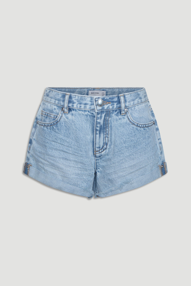 Light blue girls denim shorts with a classic five-pocket design and rolled hems for a casual look