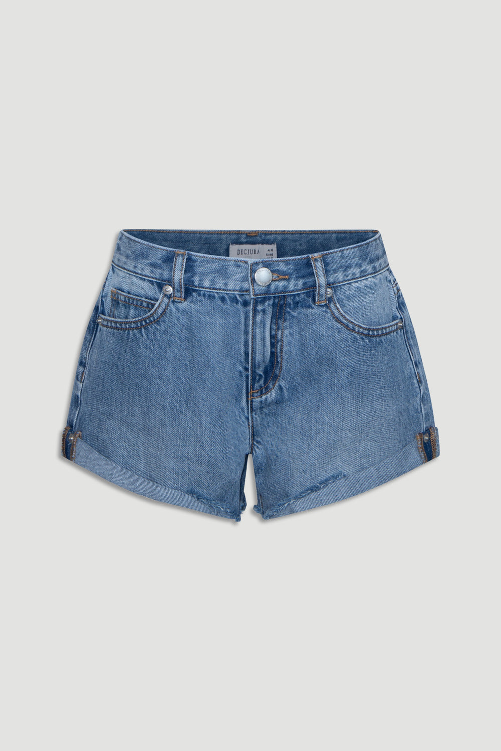 Classic girls' denim shorts in a medium blue wash with rolled cuffs and a button closure for everyday style