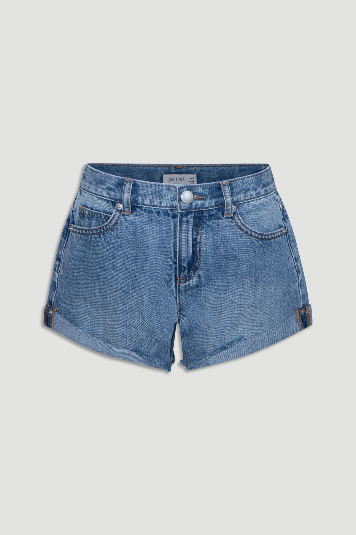 Classic girls' denim shorts in a medium blue wash with rolled cuffs and a button closure for everyday style