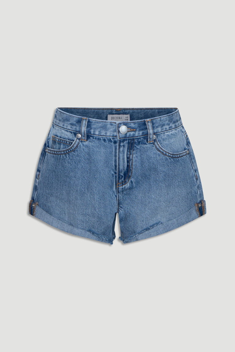 Classic girls' denim shorts in a medium blue wash with rolled cuffs and a button closure for everyday style