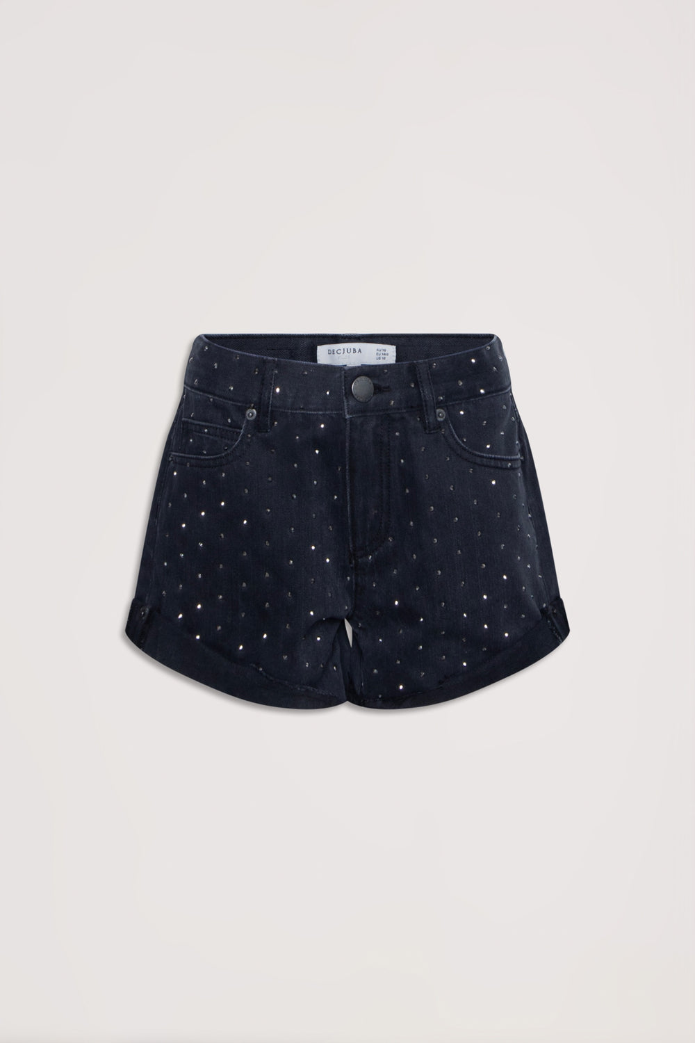 Black denim girls shorts with subtle rhinestone detailing and rolled hems, laid flat on a neutral background