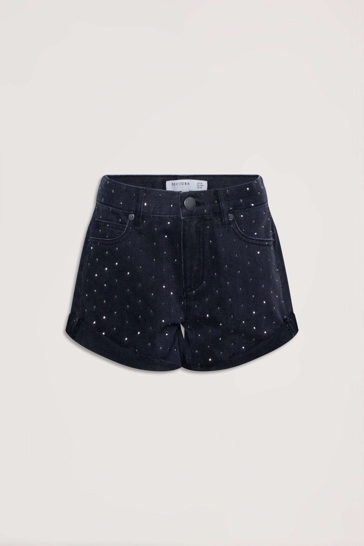 Black denim girls shorts with subtle rhinestone detailing and rolled hems, laid flat on a neutral background