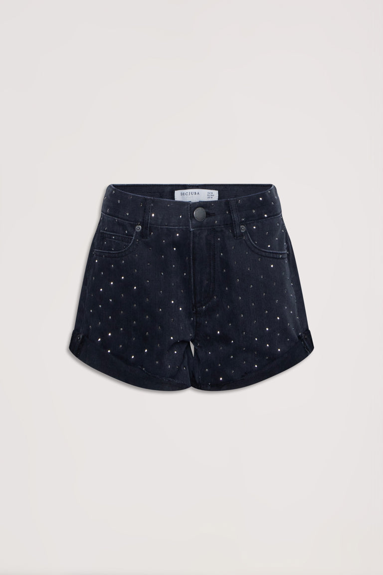 Black denim girls shorts with subtle rhinestone detailing and rolled hems, laid flat on a neutral background