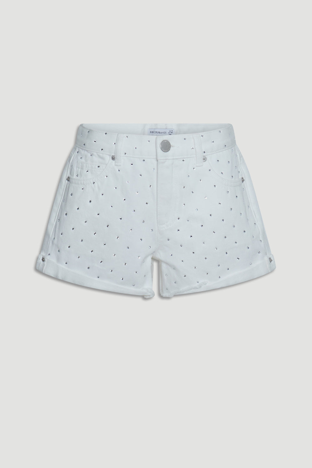 White girls' shorts with rolled cuffs and subtle scattered rhinestone embellishments, designed for everyday style.
