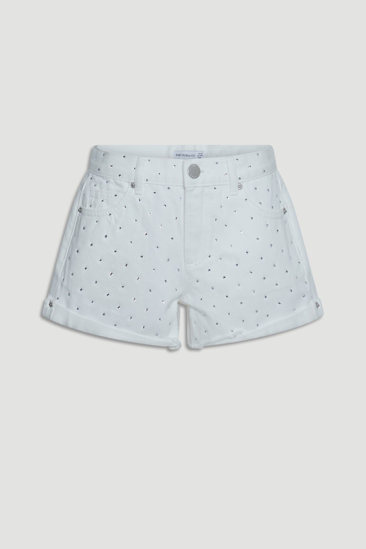 White girls' shorts with rolled cuffs and subtle scattered rhinestone embellishments, designed for everyday style.