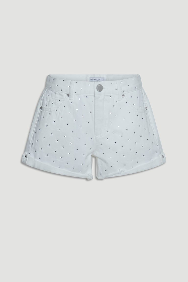 White girls' shorts with rolled cuffs and subtle scattered rhinestone embellishments, designed for everyday style.