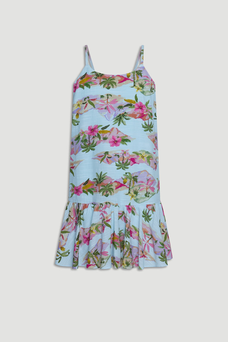 Light blue girls' strappy dress with tropical floral print and a flared ruffle hem for a playful look.
