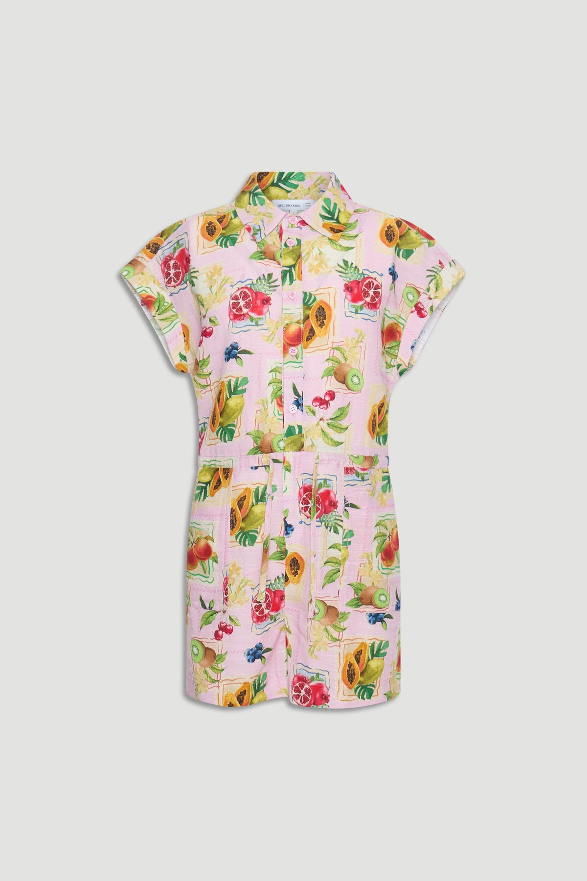 Girls playsuit in pastel pink featuring a vibrant tropical fruit print with short sleeves and a collar neckline