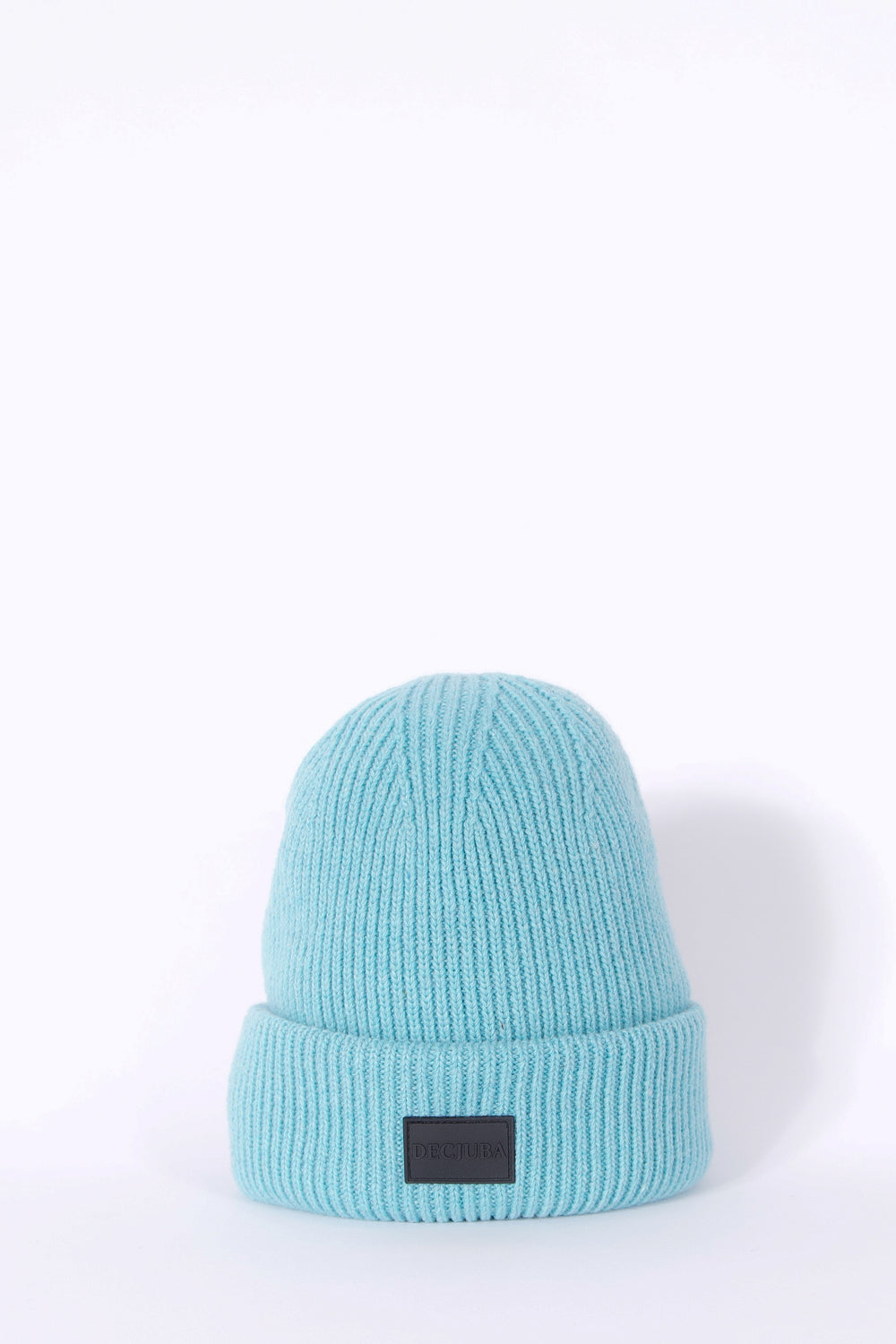 Aqua ribbed knit beanie with a folded cuff and rubber logo badge