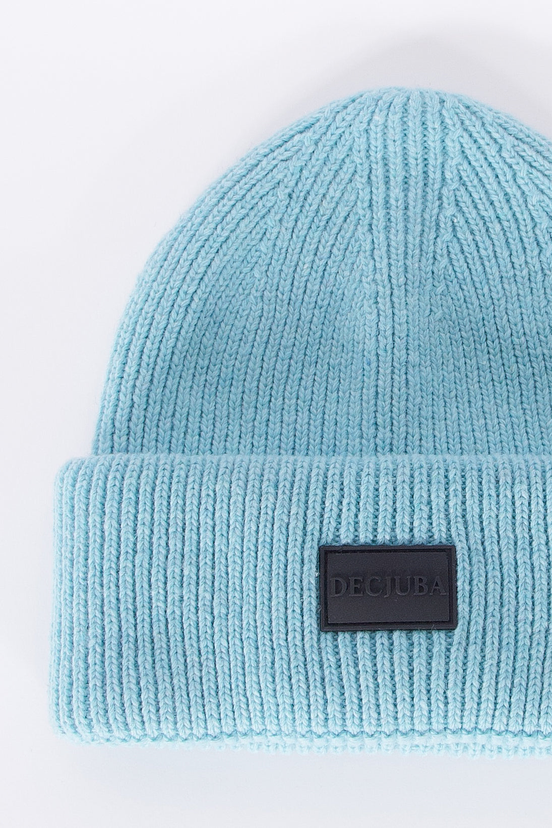 Light blue chunky ribbed knit beanie with folded cuff and logo badge