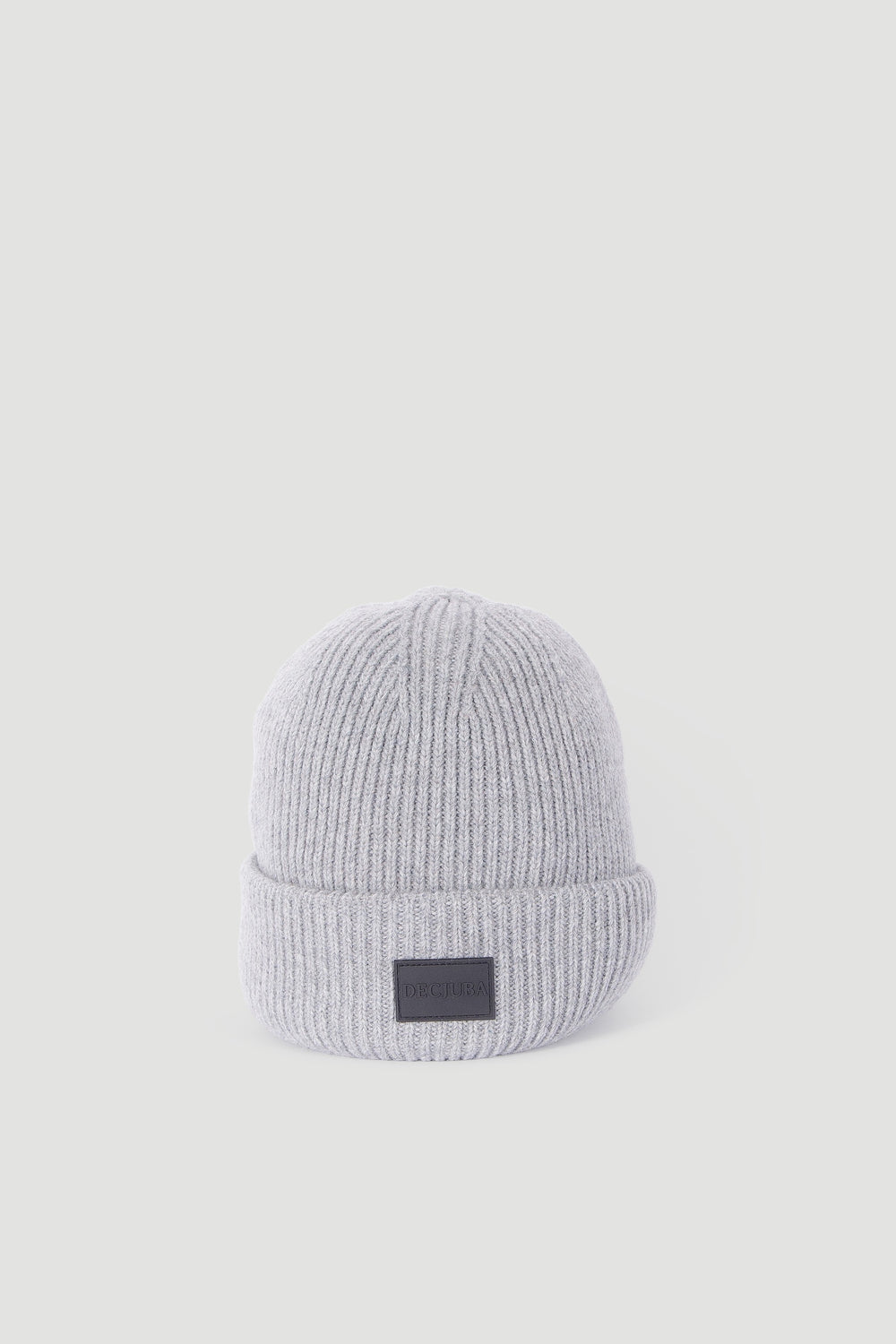 Light grey ribbed knit beanie with a folded cuff and minimal textured design for everyday comfort.
