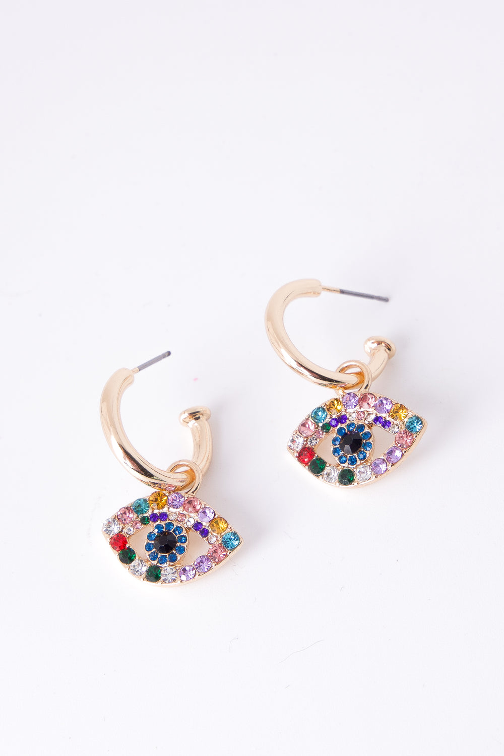 Pair of gold hoop earrings with colourful gemstone evil eye pendants