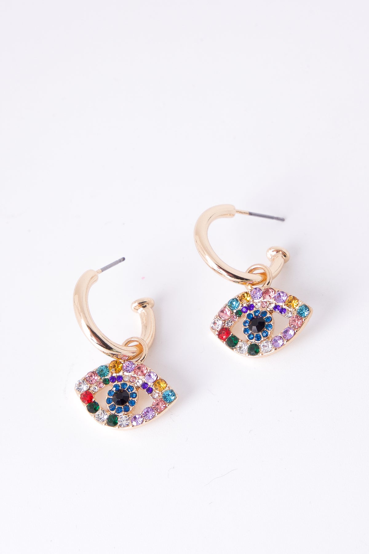 Pair of gold hoop earrings with colourful gemstone evil eye pendants