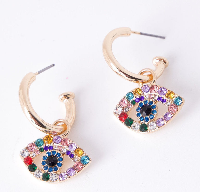 Gold hoop earrings with multicoloured gemstone evil eye pendants