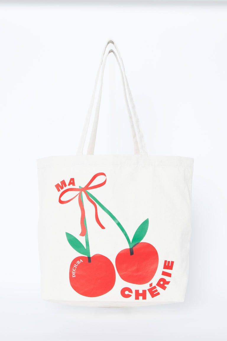 White canvas tote bag with colorful cherry graphic and Ma Cherie lettering