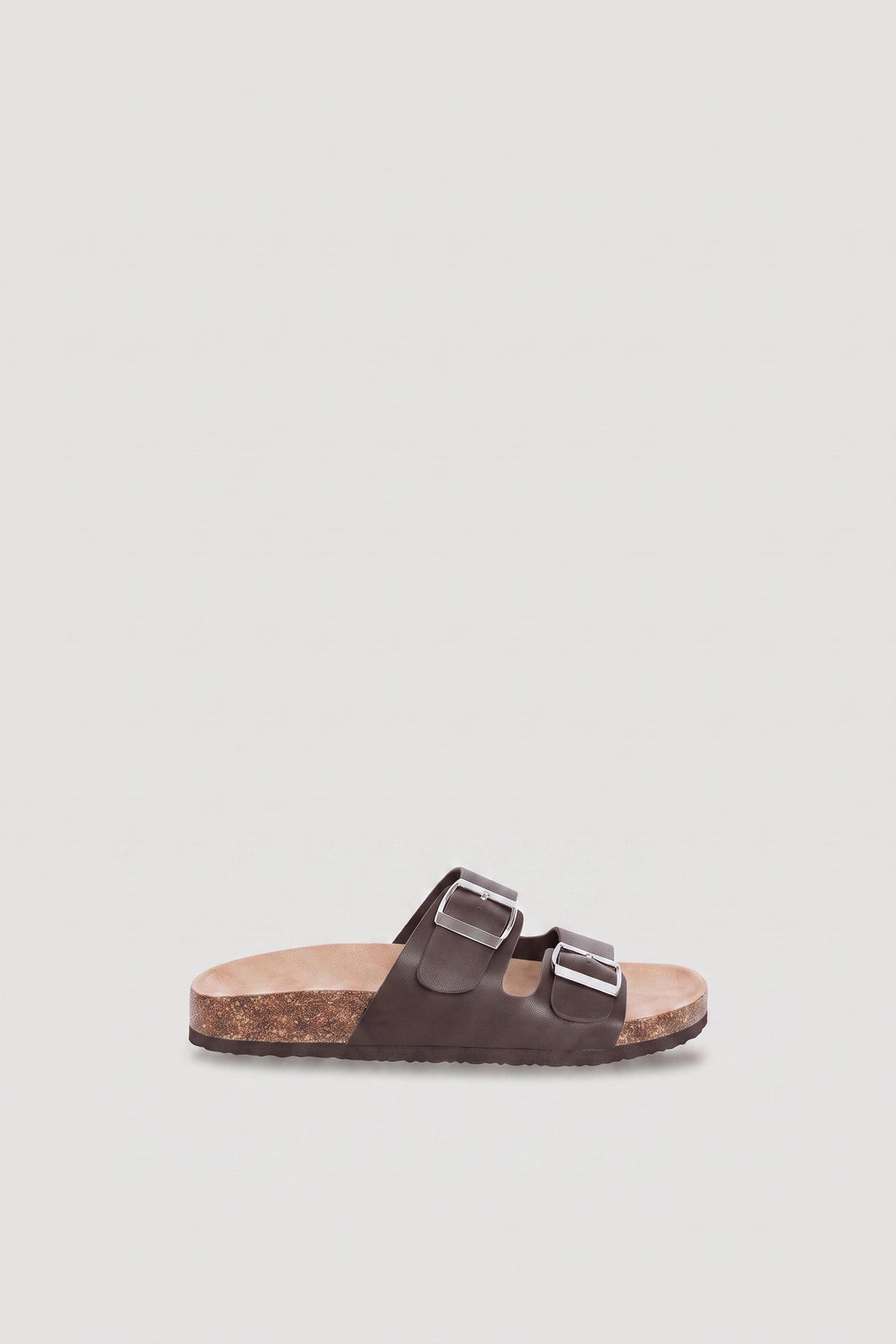 Brown girls flat sandal with double buckle straps, open toe and cork sole