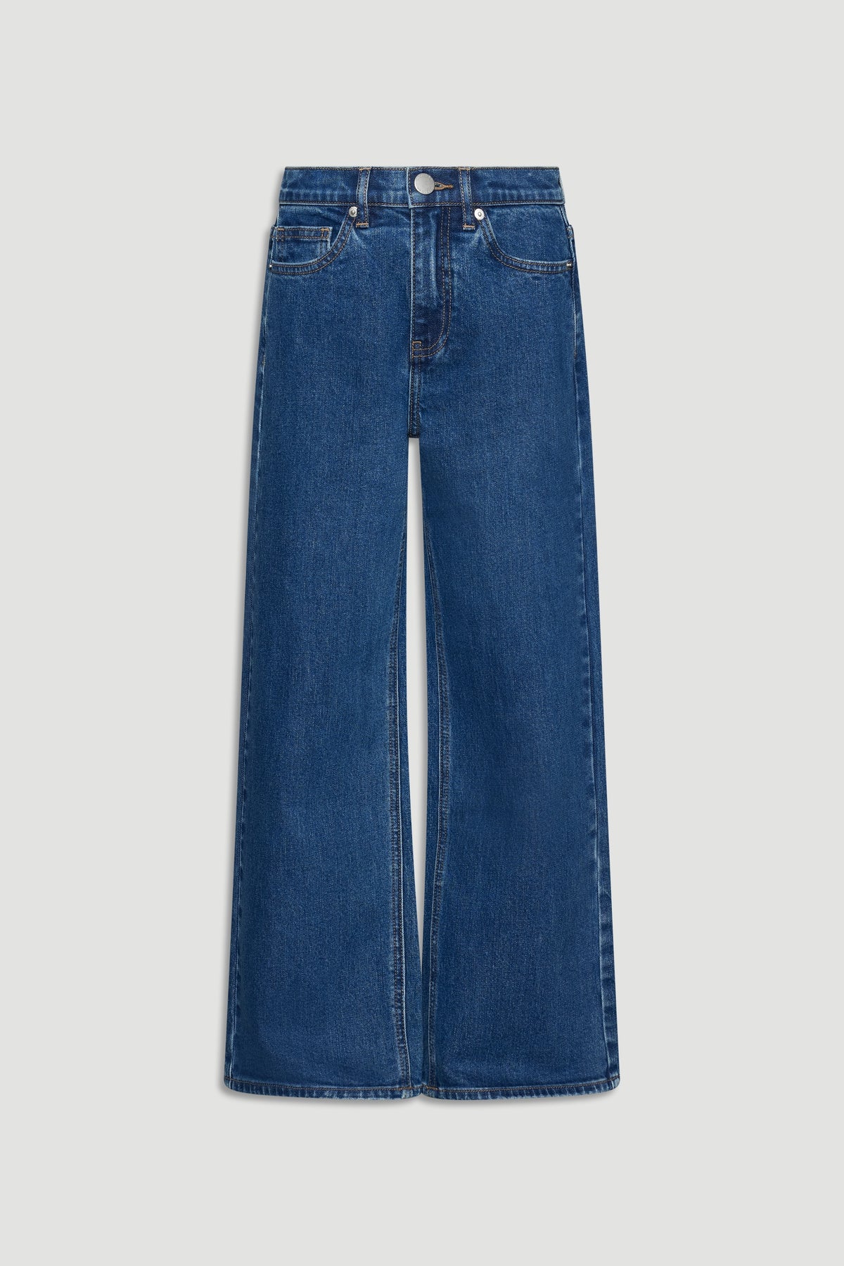 Dark blue girls' wide-leg denim jeans with high waist and classic five-pocket styling for versatile everyday wear.