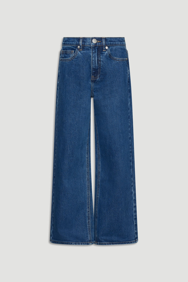 Dark blue girls' wide-leg denim jeans with high waist and classic five-pocket styling for versatile everyday wear.