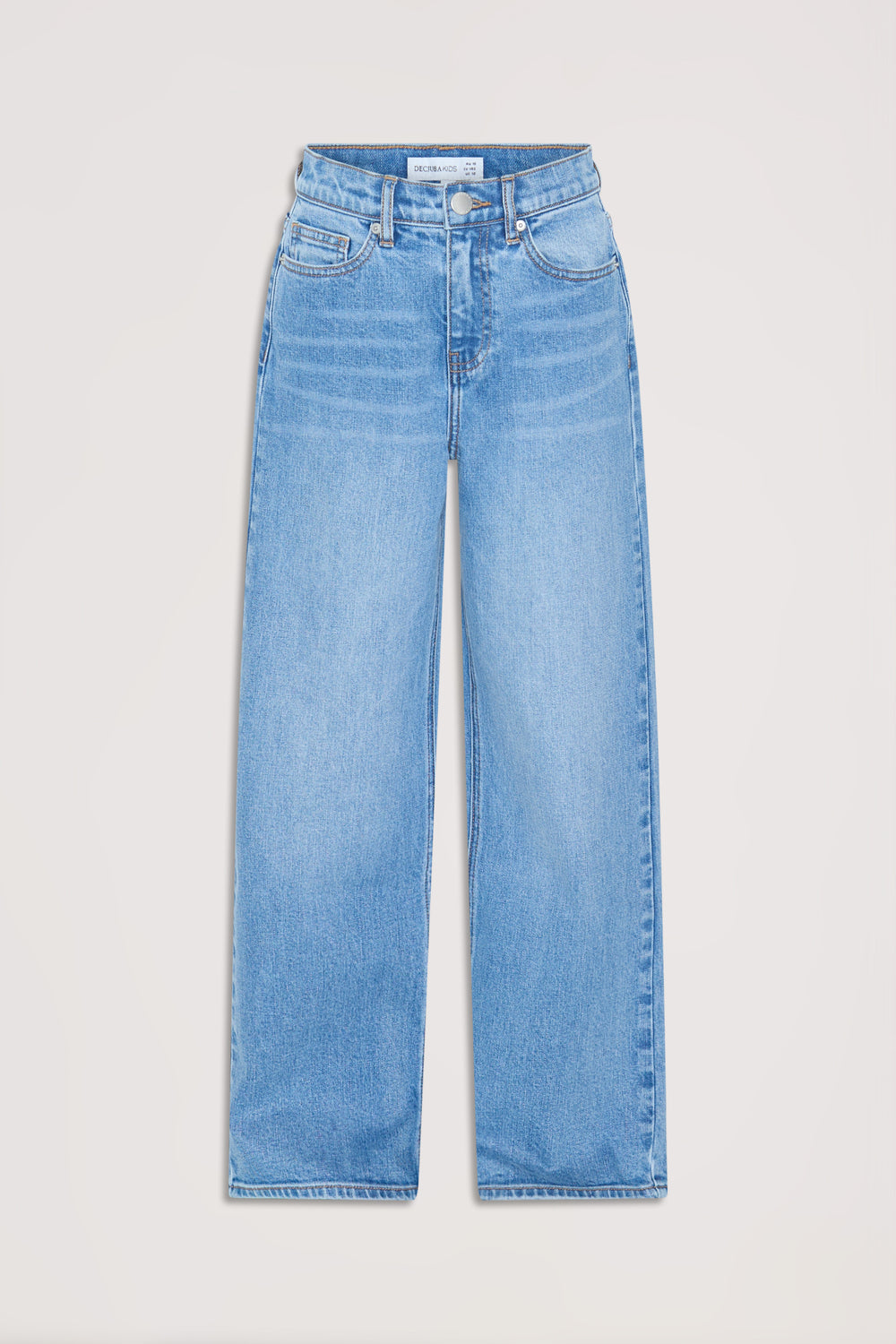 Light wash girls' denim jeans with an extra long, wide-leg cut for a modern, relaxed fit.