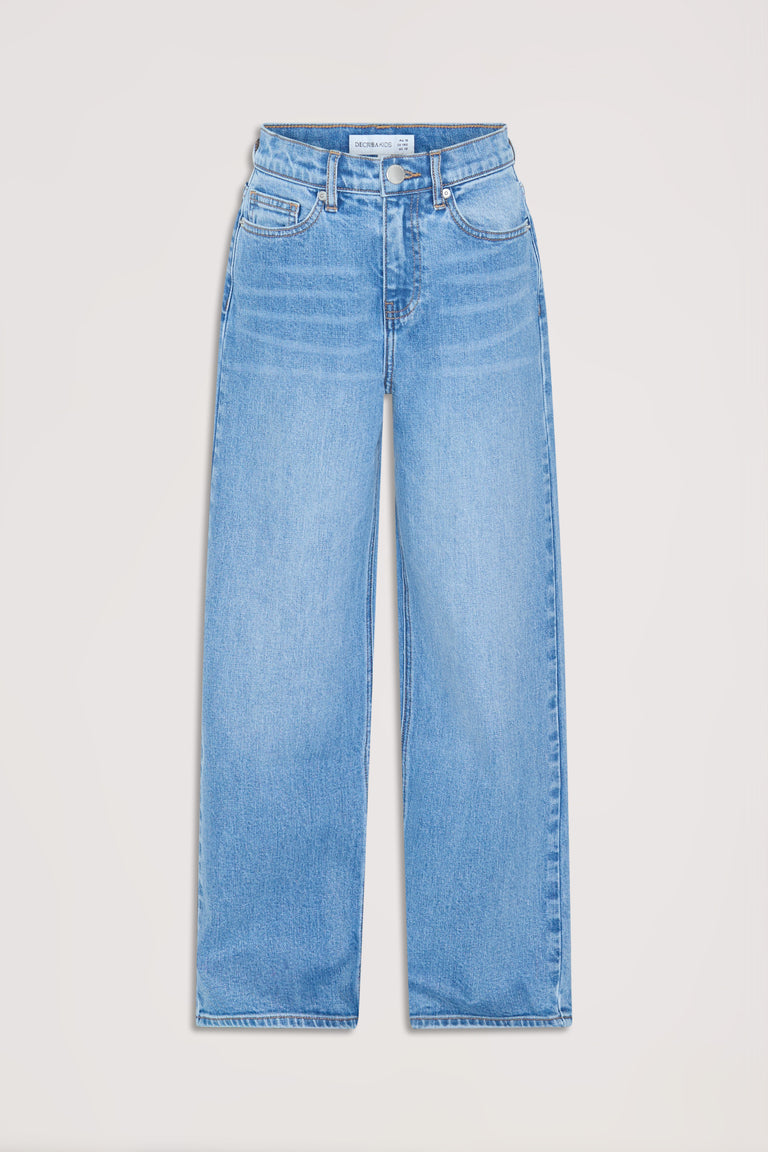 Light wash girls' denim jeans with an extra long, wide-leg cut for a modern, relaxed fit.