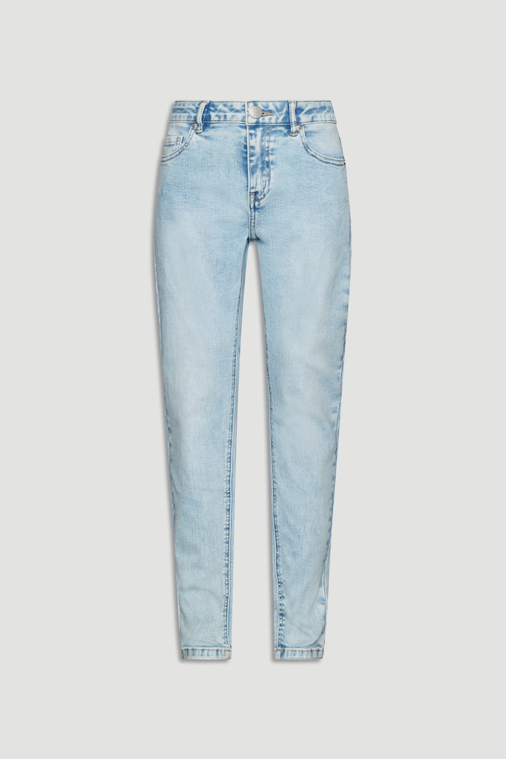 Light wash skinny jeans for girls with classic five-pocket styling and a slim, streamlined fit.