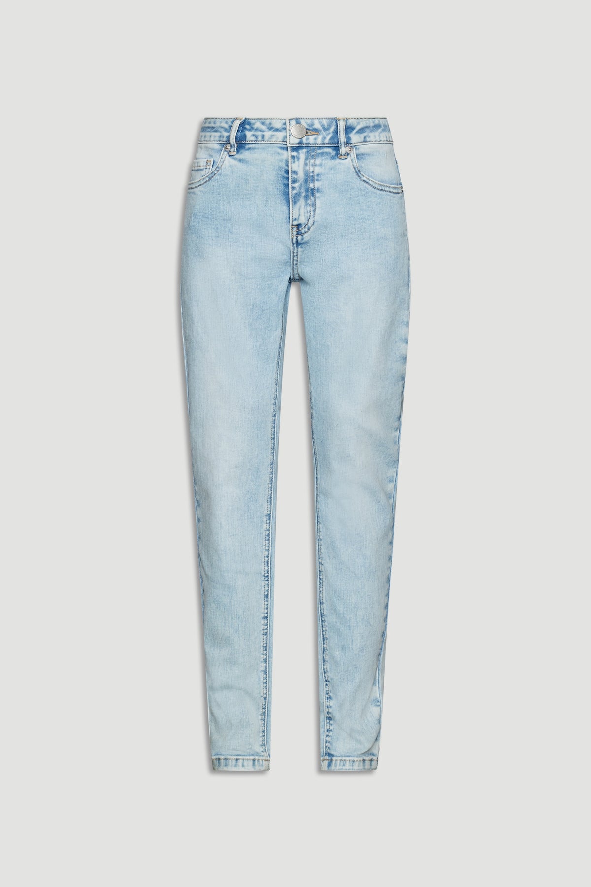 Light wash skinny jeans for girls with classic five-pocket styling and a slim, streamlined fit.