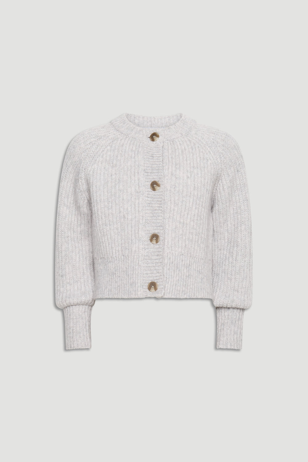 Light grey knit cardigan for girls featuring chunky buttons and ribbed cuffs for a cozy, stylish layer.