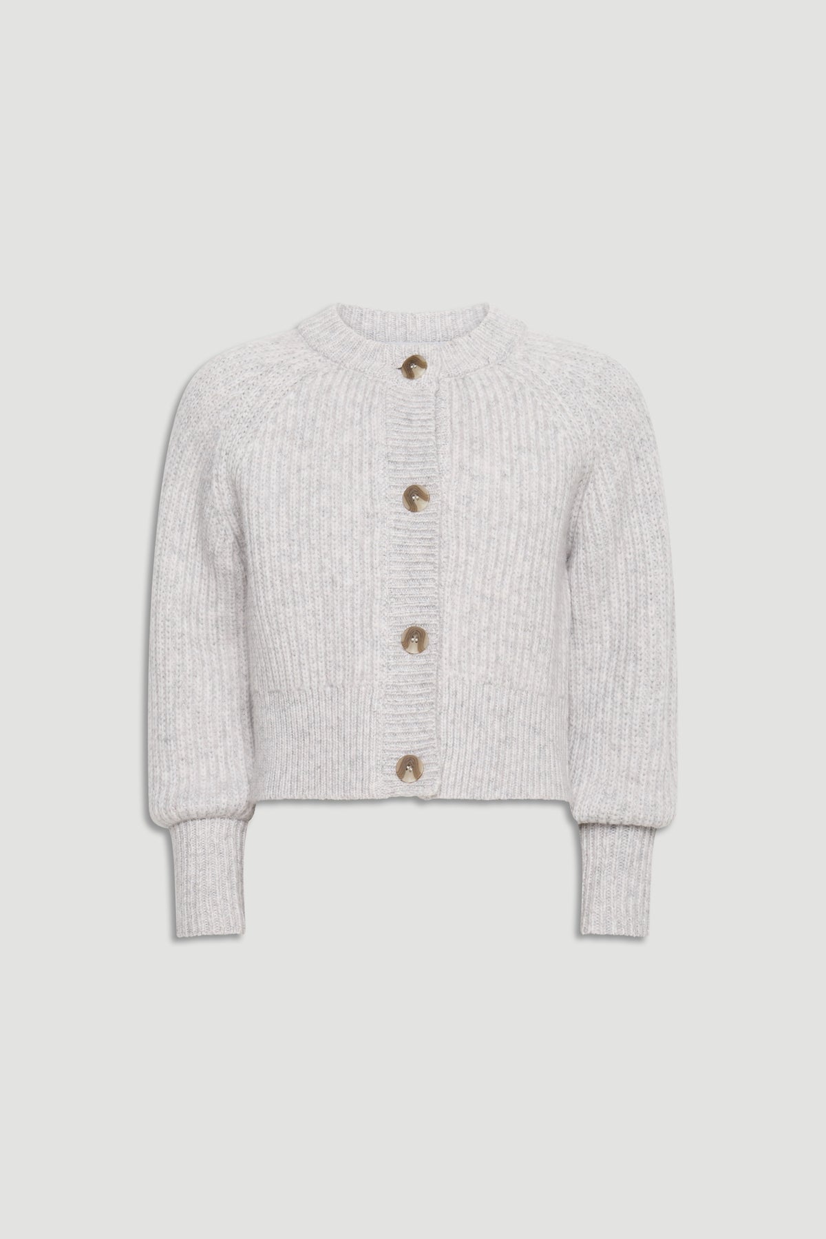 Light grey knit cardigan for girls featuring chunky buttons and ribbed cuffs for a cozy, stylish layer.