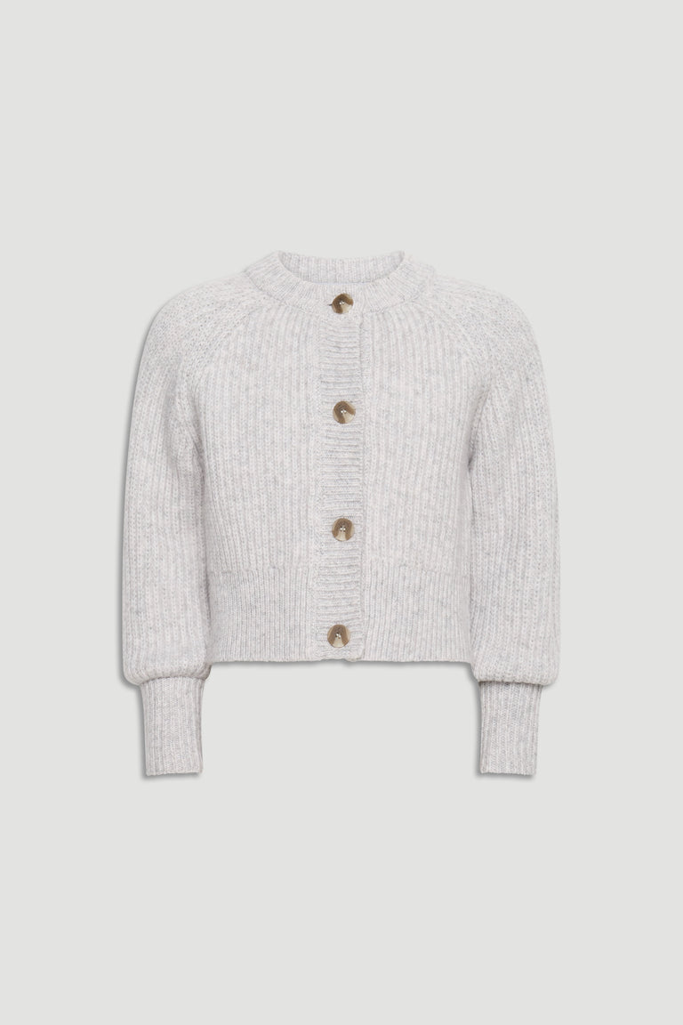 Light grey knit cardigan for girls featuring chunky buttons and ribbed cuffs for a cozy, stylish layer.