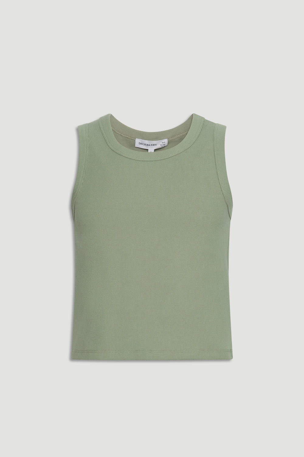 Sleeveless ribbed tank in muted sage green for girls, featuring a round neckline and soft cotton fabric.