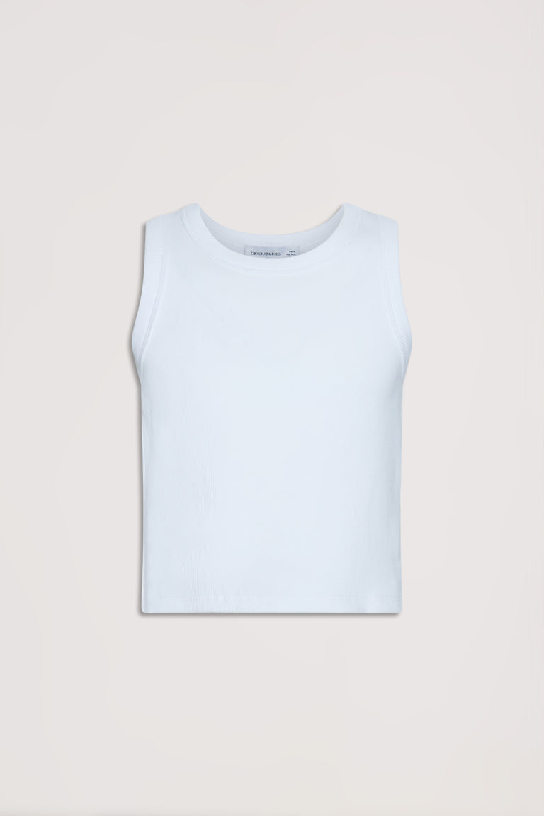 Simple white girls' sleeveless tank top with a clean, classic neckline for everyday versatile style