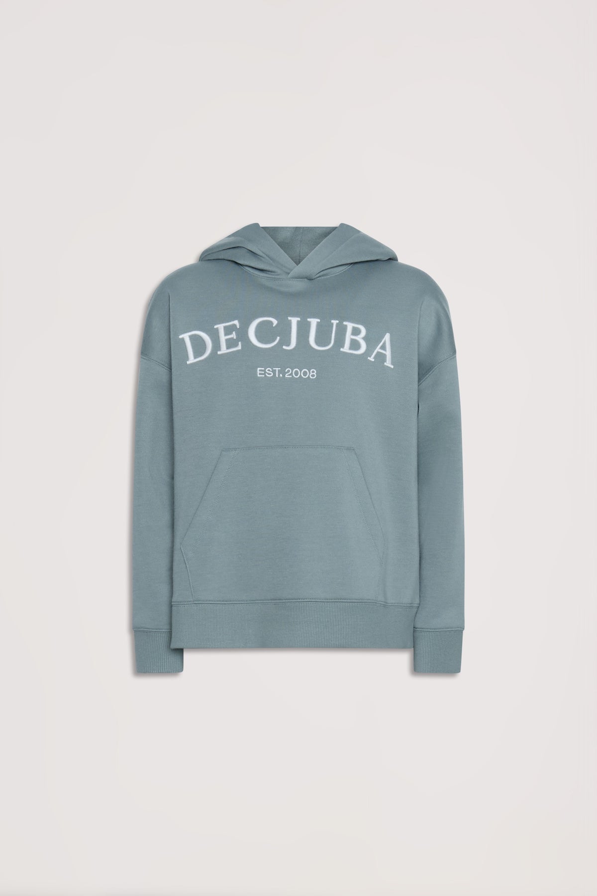 Girls hoodie in dusty sage with front kangaroo pocket and white DECJUBA logo print on the chest