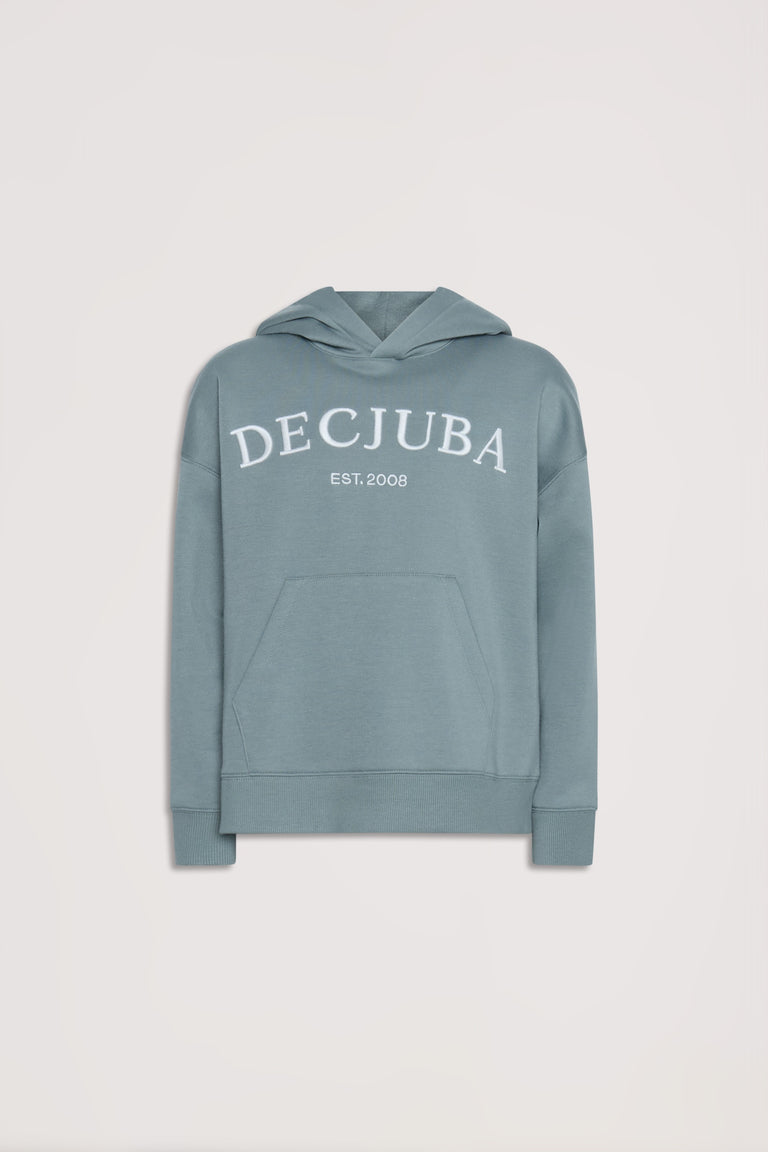 Girls hoodie in dusty sage with front kangaroo pocket and white DECJUBA logo print on the chest