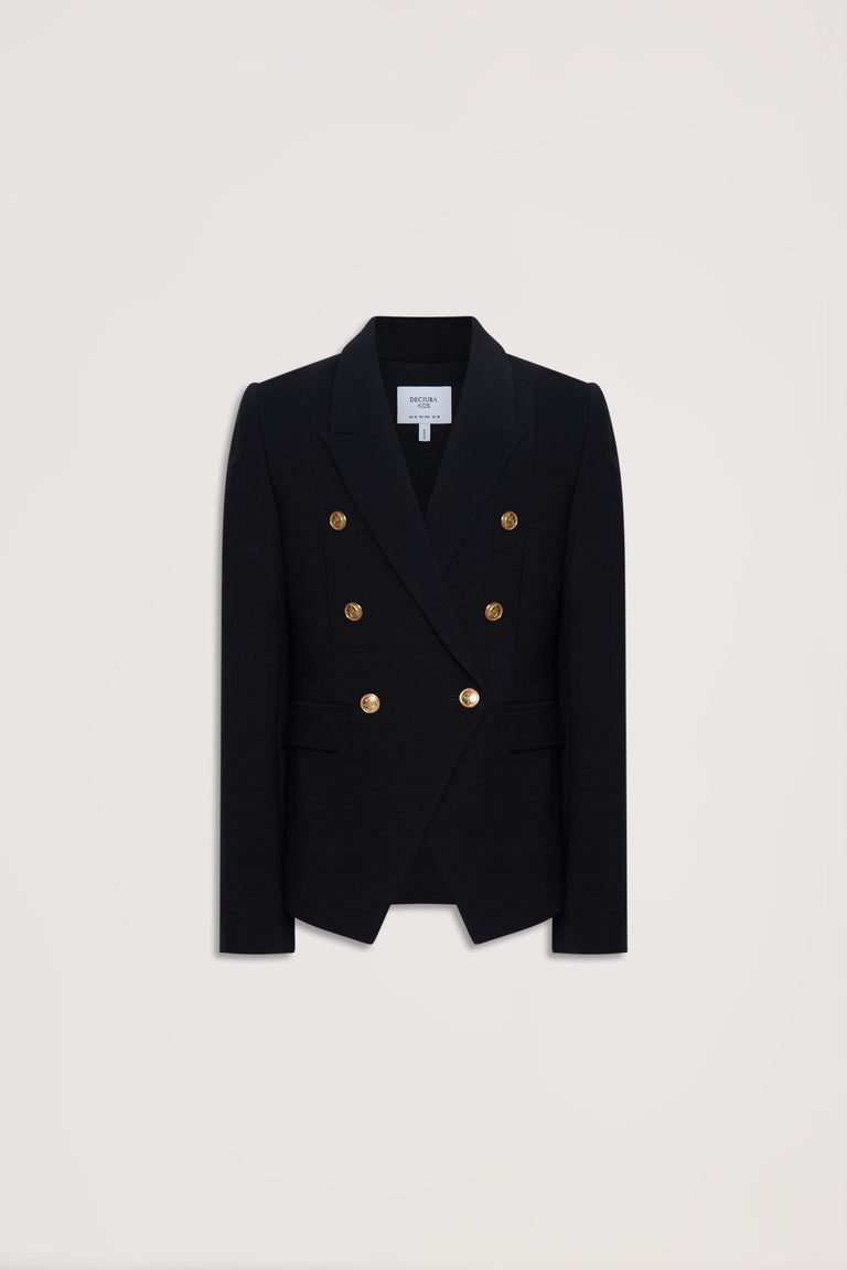 Black double-breasted girls blazer with gold buttons and tailored fit for a polished, versatile look.