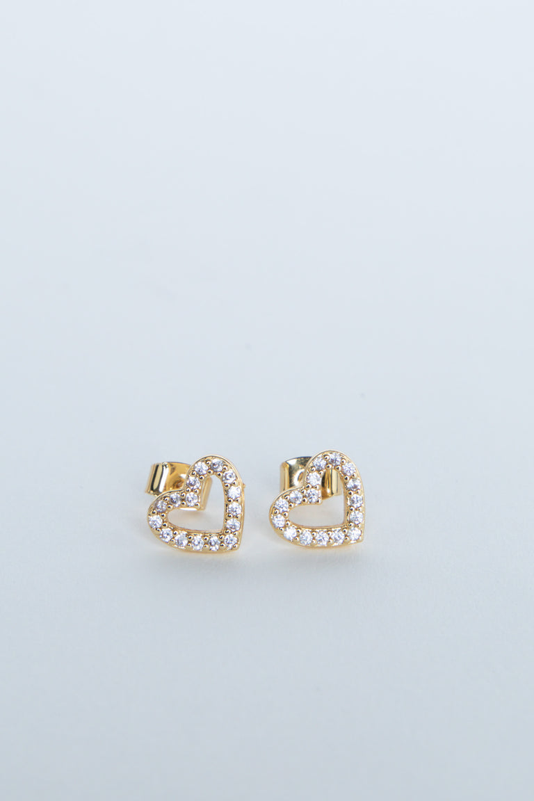 Gold heart stud earrings with sparkling stone detailing