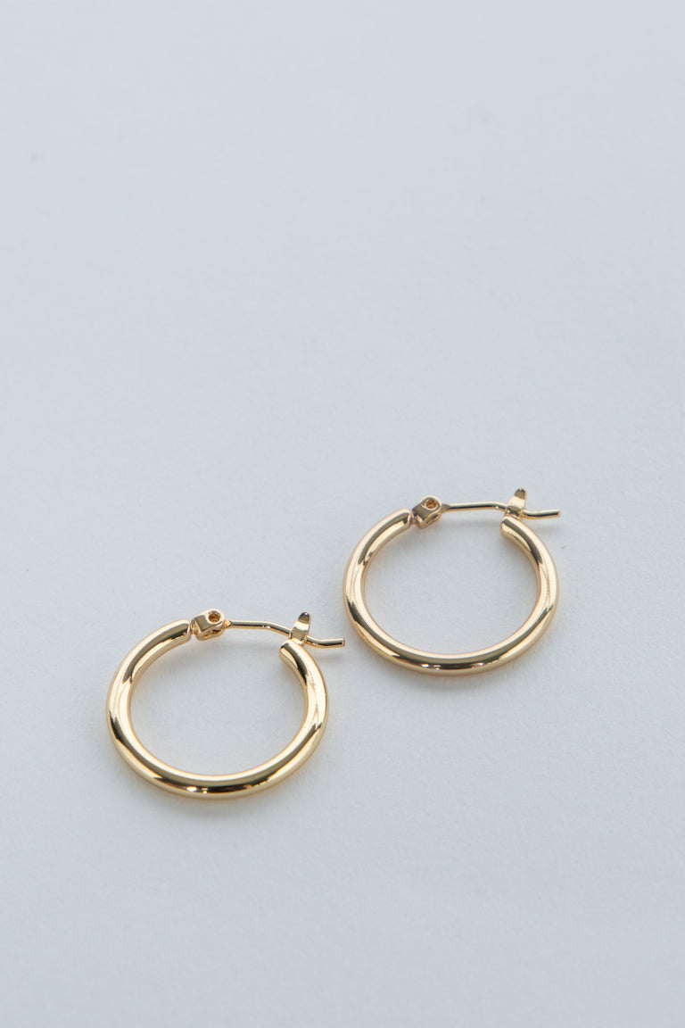 Pair of gold hoop earrings on a pale blue background