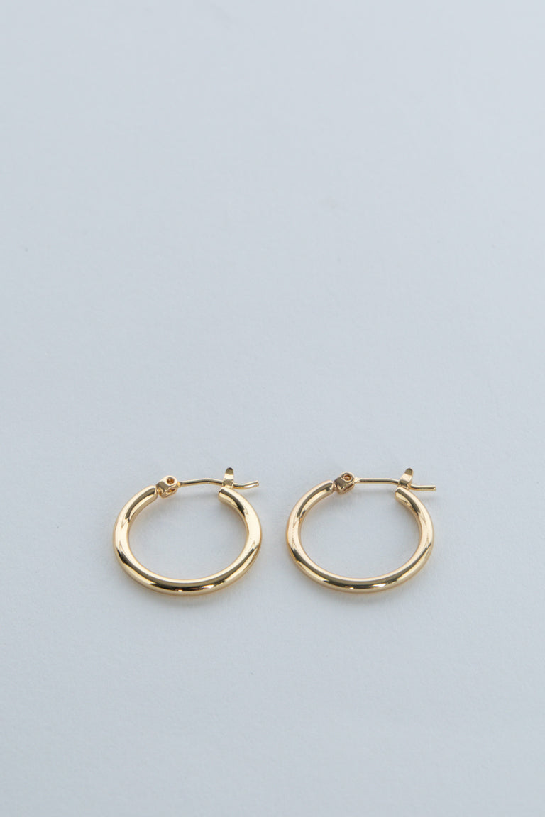 Pair of gold hoop earrings displayed on a pale blue background