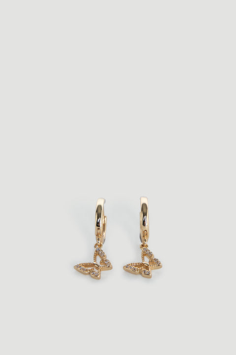 Delicate 9ct gold hoop earrings featuring small butterfly charms with subtle textured detailing.